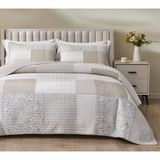 TeknoKapsül Chezmoi Collection Quinn 3 Parça Nötr Boz Kahverengi Gri Beyaz Çiçekli Hibiscus Çiçek Şeker Çizgili Patchwork Yorgan Seti - Önceden Yıkanmış Pamuklu Örtü - Hafif Ters Çevrilebilir Yatak Örtüsü, Queen