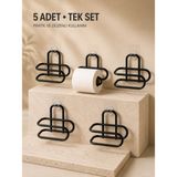 TeknoKapsül Delmeden Monte Tuvalet Kağıdı Askısı Siyah Metal Yapışkanlı Banyo Kağıtlığı 5’li Set