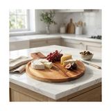 TeknoKapsül Doğal Akasya Ahşap Yuvarlak Sunum Tahtası ve Servis Tepsisi – 28.5 cm Özel Motif Desenli ve Kulplu Pizza, Peynir ve Pasta Tabağı - Kestane Akaju - Option-1