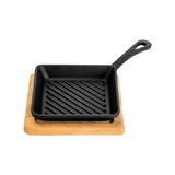 TeknoKapsül Döküm Mini Kare Izgara Tava Kayın Ahşap Altlıklı Döküm Demir Yekpare Saplı Ölçü 16X16CM. - Option-1 - --