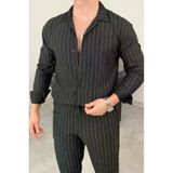 TeknoKapsül Erkek Çizgili Krep Kumaş Krem Gömlek Pantolon Alt Üst Takım Uzun Kollu - Siyah - Siyah / 2XL MY-194059