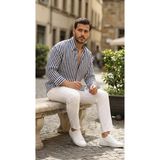 TeknoKapsül Erkek Dikey Çizgili Yarım Oversize Gömlek - Lacivert / M - 003-Lacivert