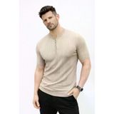 TeknoKapsül Erkek Kısa Kol Fitilli Triko T-Shirt Yazlık Hakim Yaka Tişört - Bej - Bej / XL MY-188278