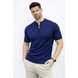 TeknoKapsül Erkek Kısa Kol Fitilli Triko T-Shirt Yazlık Hakim Yaka Tişört - Lacivert - Lacivert / XL MY-186213