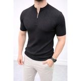 TeknoKapsül Erkek Kısa Kol Fitilli Triko T-Shirt Yazlık Hakim Yaka Tişört - Siyah - Siyah / XL MY-188280