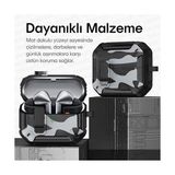 TeknoKapsül Galaxy Buds 3 Pro, Buds 3 ve Buds 3 Fe ile Uyumlu Mandallı Kapak Kilit Sistemli Mat Dokulu Darbelere Dayanıklı Kamuflaj Silikon Kılıf (Siyah)