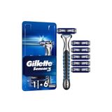 TeknoKapsül Gillette Sensor3 Tıraş Makinesi - 3 Bıçaklı, Kayganlaştırıcı Bant ve Oynar Başlık Ile, 1 Adet + 6