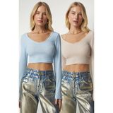 TeknoKapsül Happiness Istanbul Kadın Bisküvi Bebe Mavi V Yaka 2'li Paket Crop Bluz UB00177