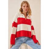 TeknoKapsül Happiness Istanbul Kadın Kırmızı Beyaz Polo Yaka Oversize Crop Triko Kazak US00685 - Gri