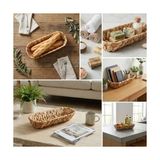 TeknoKapsül Hasır Oval Ekmek Sepeti ve Çok Amaçlı Düzenleyici, 28X6 cm Doğal Örme Sunum Tabağı, Ince Uzun Baget Ekmeklik, Çatal Kaşık ve Banyo Makyaj Organizeri - Kestane Akaju - Option-1