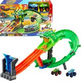 TeknoKapsül Hot Wheels Monster Trucks Köpek Balığı ve Dinozor Korkunç Ejderhaya Karşı Oyun Seti, Sayborg Düşmanı Yenmek Için Yarışan 1:64 Ölçekli Köpek Balığı ile Dinozor, JFR06