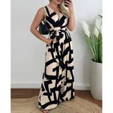 TeknoKapsül Kadın Askılı Kruvaze Yakalı Belden Kuşaklı Uzun Desenli Süprem Tulum - Siyah / 2XL-3XL MY-188140