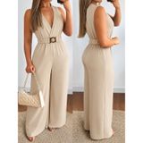 TeknoKapsül Kadın Askılı Kruvaze Yakalı Belinde Kemer Detaylı Uzun Ithal Krep Tulum - Bej / L-XL MY-192412