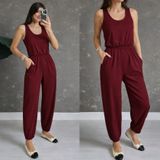 TeknoKapsül Kadın Askılı Yuvarlak Yakalı Cepli Viskon Tulum - Bordo / 2XL-3XL MY-186470