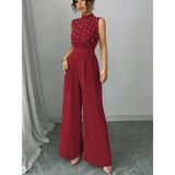 TeknoKapsül Kadın Balıkçı Yaka Kolsuz Incili Beli Kuşaklı Uzun Janjan Tulum - Kırmızı / 2XL-3XL MY-190775