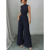 TeknoKapsül Kadın Balıkçı Yaka Kolsuz Incili Beli Kuşaklı Uzun Janjan Tulum - Lacivert / 2XL-3XL MY-190774