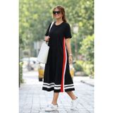 TeknoKapsül Kadın Kısa Kollu Bisiklet Yaka Yan şerit Detaylı Midi Viskon Elbise - Siyah / 2XL-3XL MY-187620