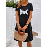 TeknoKapsül Kadın Kısa Kollu Bisiklet Yakalı Kedi Desenli Viskon Kısa Elbise - Siyah / 2XL-3XL MY-192624