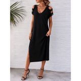 TeknoKapsül Kadın Kısa Kollu şerit Detaylı Yandan Yırtmaçlı Viskon Elbise - Siyah / 2XL-3XL MY-192946