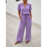 TeknoKapsül Kadın Kısa Kollu V Yakalı Cepli Dokuma Viskon Tulum - Lila / 2XL-3XL MY-193096