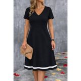 TeknoKapsül Kadın Kısa Kollu V Yakalı Etek Ucu şeritli Midi Janjan Krep Elbise - Siyah / 2XL-3XL MY-189577