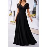 TeknoKapsül Kadın Kısa Kollu V Yakalı Uzun Janjan Krep Elbise - Siyah / L-XL MY-190570