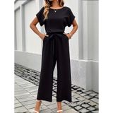 TeknoKapsül Kadın Kısa Kollu Yuvarlak Yakalı Beli Lastikli Cepli Aerobin Tulum - Siyah / 2XL-3XL MY-193004