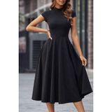 TeknoKapsül Kadın Kısa Yarım Ay Kollu Yarı Balıkçı Yaka Midi Janjan Krep Elbise - Siyah / 2XL-3XL MY-189201