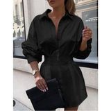 TeknoKapsül Kadın Pamuk Polyester Kumaş Belden Pileli Gömlek Elbise - Siyah / Standart - 0 - Siyah