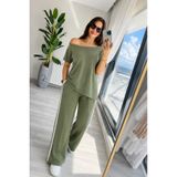TeknoKapsül Kadın Tek Omuzdan Açık Yan şerit Detaylı Viskon Iki Iplik Bluz Ve Pantolon Ikili Takım - Yeşil / L-XL MY-192837