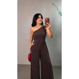 TeknoKapsül Kadın Tek Omuzdan Büzgü Detaylı Geniş Paçalı Uzun Sandy Tulum - Kahve / L-XL MY-192988