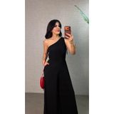 TeknoKapsül Kadın Tek Omuzdan Büzgü Detaylı Geniş Paçalı Uzun Sandy Tulum - Siyah / 2XL-3XL MY-192990