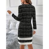 TeknoKapsül Kadın Uzun Kollu Yuvarlak Yaka Etek Ucu Şerit Detaylı Kısa Dokuma Elbise - Siyah / 3xl - 00-Siyah - Beyaz
