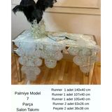 TeknoKapsül Keten Palmiye Model Gri 5 Parça Masa Örtüsü Runner Seti Salon Takımı BZ-CKH1398