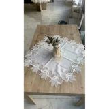 TeknoKapsül Masa Üzerine Runner, Sehpa Örtüsü Fransız Dantel Detaylı Kare 88x 88 cm Kayla Kreme Gümüş BZ-CKH744