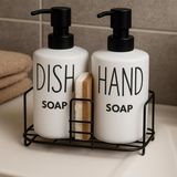TeknoKapsül Metal Standlı Çiftli Seramik Sıvı Sabunluk – Dish & Hand Soap Yazılı
