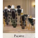 TeknoKapsül Palmiye Model Siyah Keten Masa Örtüsü Runner Seti Çeyizlik Salon Takımı 7 Parça Şık Tasarım BZ-CKH1412