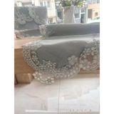 TeknoKapsül Salon Takımı Çeyizlik Firuze Model Gri 5 Parça Keten Dantelli Masa Örtüsü Runner Seti BZ-CKH1352