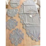 TeknoKapsül Salon Takımı Çeyizlik Gri Runner Set 5 Parça Keten Masa Örtüsü Runneri Flowers BZ-CKH1955