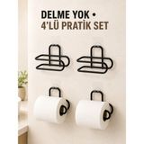 TeknoKapsül Siyah 4 Adet Metal Tuvalet Kağıdı Tutucu Kendinden Yapışkanlı Delmeden Montaj Banyo Askısı
