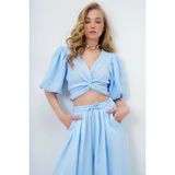 TeknoKapsül Trend Alaçatı Stili Kadın Bebe Mavi V Yaka Balon Kol Yandan Fermuarlı Müslin Kumaş Crop Bluz ALC-X13988
