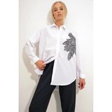 TeknoKapsül Trend Alaçatı Stili Kadın Beyaz Çiçek Nakışlı Oversize Dokuma Gömlek ALC-X12651
