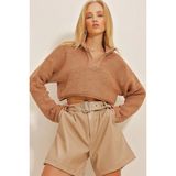 TeknoKapsül Trend Alaçatı Stili Kadın Camel Fermuarlı Crop Triko Kazak ALC-X10828 - Beyaz - XL