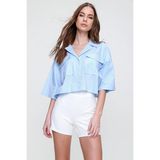 TeknoKapsül Trend Alaçatı Stili Kadın Mavi Zarf Cepli Crop Poplin Gömlek ALC-X6045 - XL
