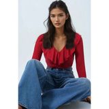 TeknoKapsül Trend Alaçatı Stili Kırmızı V Yaka Volanlı Yumuşak Dokulu Bluz ALC-X14364