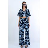 TeknoKapsül Trend Alaçatı Stili Mavi-Lacivert Kruvaze Yaka Bürümcük Crop Bluz ve Pantolon Takım ALC-X15210 - Siyah