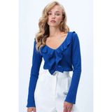 TeknoKapsül Trend Alaçatı Stili Saks V Yaka Önü Fırfır Detaylı Örme Bluz ALC-X14363 - Mavi