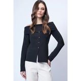TeknoKapsül Trend Alaçatı Stili Siyah Madonna Yaka Önü Yırtmaçlı Örme Bluz ALC-X14527 - Mavi