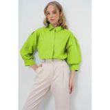 TeknoKapsül Trend Alaçatı Stili Su Yeşili Balon Kol Gizli Patlı Basic Poplin Gömlek ALC-X9654 - Beyaz