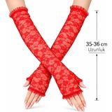 TeknoKapsül Uzun Zarif Dantel Eldiven Parmaksız Kırmızı 35 cm